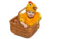 Smiling baby sitting in Easter basket in chicken costume Royalty Free Stock Photo