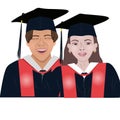 A smiling bachelors young man and woman wearing a bachelor cap and robe. Close up potrait. Cartoon illustration.