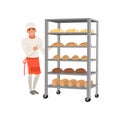 Smiling baker character standing near bread rack with freshly baked bread vector Illustration on a white background