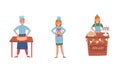 Smiling Baker Characters Baking Bread and Making Confections Vector Illustrations