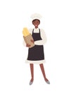 A smiling Baker girl holds loaves of bread.