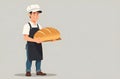 Smiling baker holding fresh bread loaf in apron and hat on plain background. Royalty Free Stock Photo