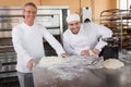 Smiling baker kneading dough next to his colleague Royalty Free Stock Photo