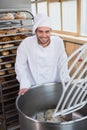 Smiling baker preparing dough in industrial mixer Royalty Free Stock Photo