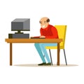 Smiling bald man working on a computer at his office desk, colorful character vector Illustration Royalty Free Stock Photo