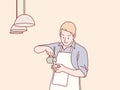 Smiling barista man serving coffee pour milkin a coffee cup simple korean style illustration