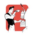 Smiling barista preparing coffee with coffee-machine. Vector illustration.