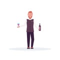 Smiling bartender holding wine bottle and glass barman in uniform at work male cartoon character standing pose full