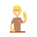 Smiling bartender man character standing at the bar counter holding glass of beer Royalty Free Stock Photo