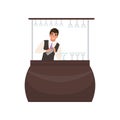 Smiling bartender mixing a cocktail drink in shaker at the bar counter, barman character at work cartoon vector