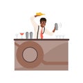 Smiling bartender shaking and mixing alcohol cocktail at the bar counter, barman character at work cartoon vector