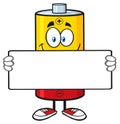 Smiling Battery Cartoon Mascot Character Holding A Blank Sign