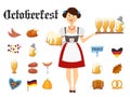 Smiling Bavarian woman brunette dressed in traditional costume and apron with beer glasses and set of Oktoberfest icons Royalty Free Stock Photo