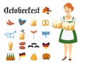 Smiling Bavarian woman dressed in traditional costume and apron with beer glasses and set of Oktoberfest icons Royalty Free Stock Photo