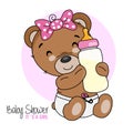 Smiling bear with bottle. Baby shower card Royalty Free Stock Photo