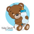 Smiling bear with bottle. Baby shower card Royalty Free Stock Photo