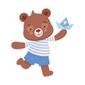 Smiling Bear Character Wearing Stripped Vest Carrying Toy Boat Vector Illustration Royalty Free Stock Photo