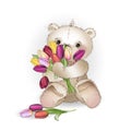 Smiling Bear is sitting with a bouquet