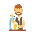 Smiling bearded bartender man character standing at the bar counter pouring beer Royalty Free Stock Photo