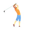 Smiling bearded cartoon golf palyer character taking a swing vector Illustration