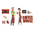 Smiling bearded man with cezve and woman barista with cup. Coffee shop workers wearing plaid shirts and aprons. Coffee