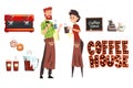 Smiling bearded man with cezve and woman barista with cup. Coffee shop workers wearing plaid shirts and aprons. Coffee