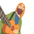 Smiling Bearded Man with Guitar Looking at Camera from Above Vector Illustration