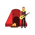Cartoon bearded man tourist character playing guitar near campfire and red tent. Camping, outdoor recreation