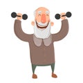 Smiling bearded old man with dumbbells. Active elderly man exercising. Cartoon character vector illustration. Isolated