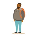 Smiling bearded young black man in a grey hoodie with backpack. Colorful cartoon character vector Illustration