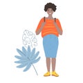 Smiling beatiful woman with afro hairstyle holding backpack isolated vector illustration