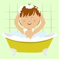 Smiling beautiful baby boy bathing in bathtub with shower at home