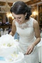 Smiling beautiful bride cutting the wedding cake Royalty Free Stock Photo