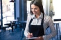 Smiling beautiful female waiter in apron