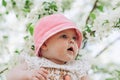 Smiling beautiful small and pretty baby girl. Happy funny and attractive infant girl. Young infant in hat on the blooming apple