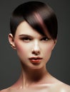 Smiling beautiful woman with brown short hair. Haircut. Hairstyle. Fringe. Professional makeup Royalty Free Stock Photo