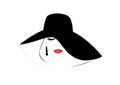 Smiling beautiful woman face with closed eyes and red lips in a wide brimmed hat, horizontal vector