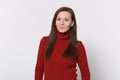 Smiling beautiful young brunette woman girl in casual red clothes posing isolated on white background studio portrait Royalty Free Stock Photo