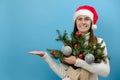 Smiling beautiful young girl in Christmas hat hold bouquet of spruce branches looking camera showing copy space, posing isolated Royalty Free Stock Photo