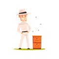 Smiling beekeeper man standing next to the hive, apiculture and beekeeping concept vector Illustration