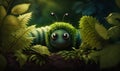 Smiling big-eyed green caterpillar on the ground. Animated worm in the green nature backdrop. Generative AI