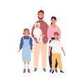 Smiling big family portrait vector flat illustration. Happy mother, father and three children standing isolated on white Royalty Free Stock Photo