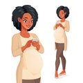 Smiling black African pregnant woman using mobile phone. Vector illustration. Royalty Free Stock Photo