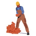 Smiling Black Construction Worker Character Wearing Hard Hat And Overalls, Laying Red Bricks. Concept Of Manual Labor Royalty Free Stock Photo