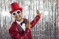 Smiling black entertainer in disco jacket in club Royalty Free Stock Photo