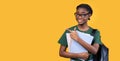 Black Female Student Pointing Finger Aside Standing Over Yellow Background