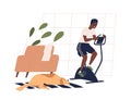 Smiling black skin guy doing sports at home vector flat illustration. Active male enjoying cycling workout isolated on