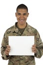 Smiling black soldier holding sign Royalty Free Stock Photo