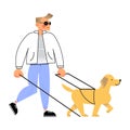 Smiling blind disabled young man walking dog vector illustration