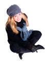 Smiling blond woman in winter clothes over white Royalty Free Stock Photo